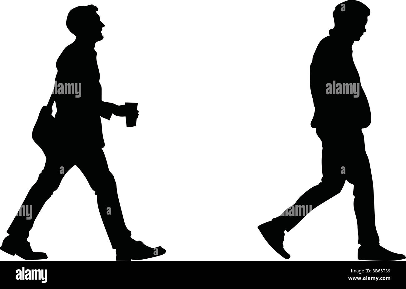 Silhouette di due uomini d'affari che camminano con l'icona della tazza di caffè Illustrazione Vettoriale