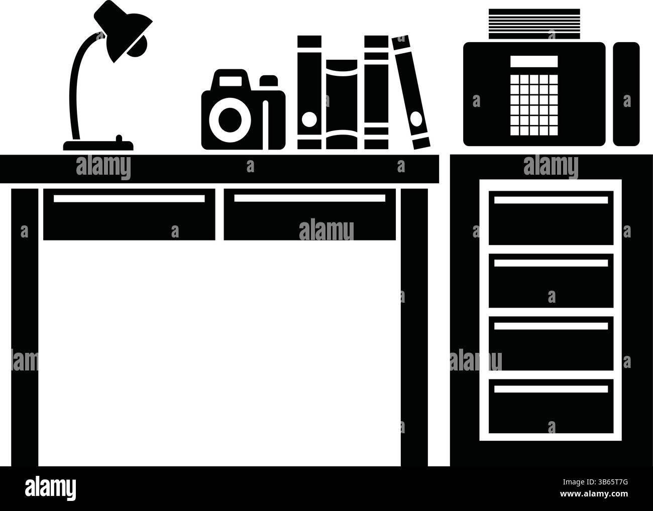 Icona in bianco e nero di scrivania con Libreria, fotocamera, lampada e libri Illustrazione Vettoriale