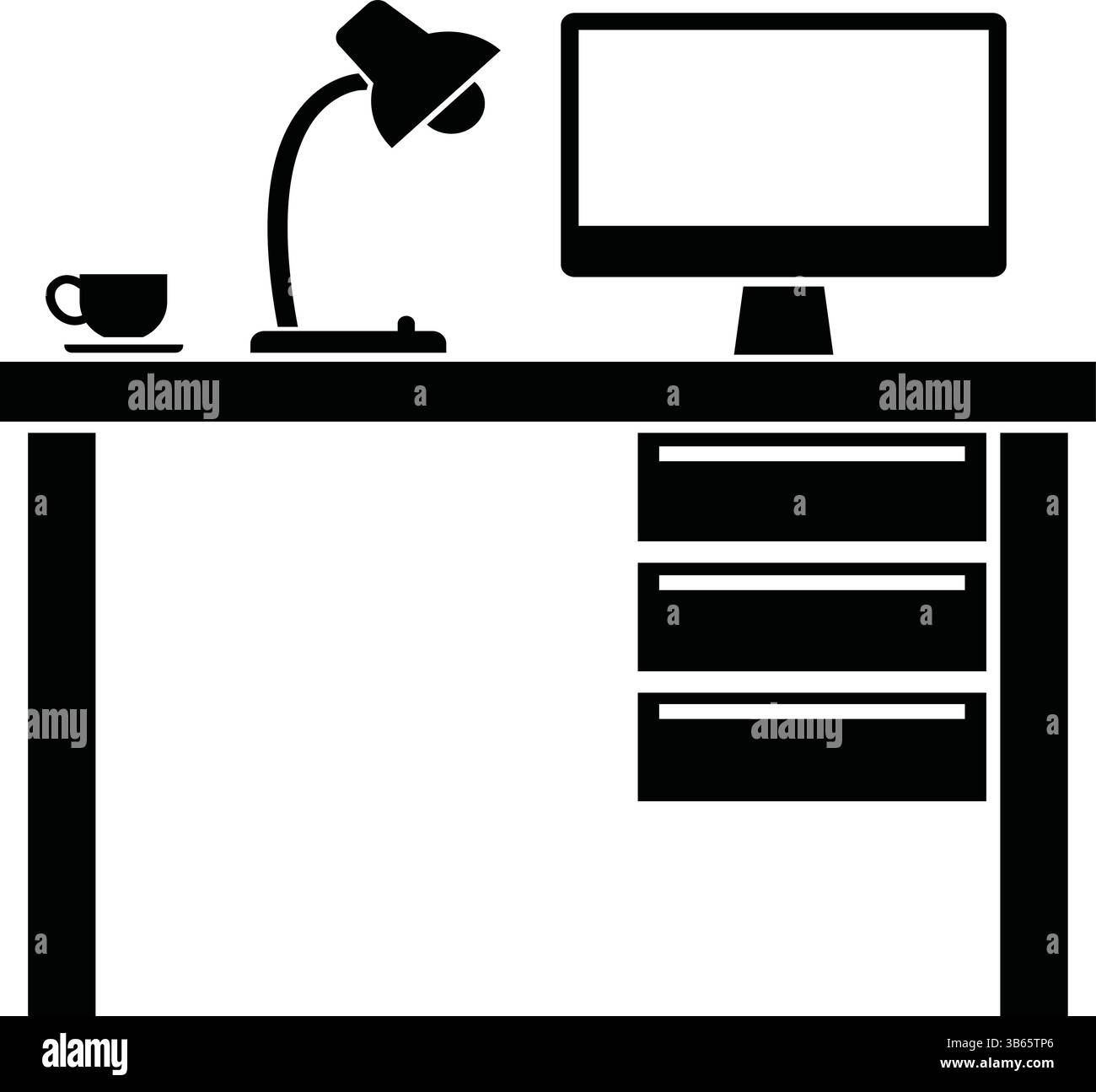 Icona scrivania in bianco e nero con computer e lampada Illustrazione Vettoriale