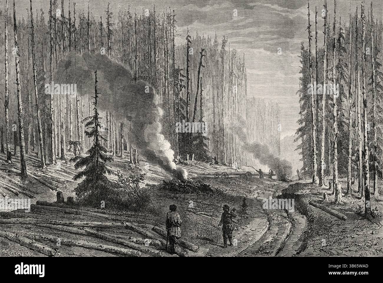 Deforestazione di una foresta, Russia. Disegno di Georges Moynet (1849-1908) viaggio in Russia libera 1869 di William Hepworth Dixon. Le Tour du Monde 1872 Foto Stock Deforestazione di una foresta, Russia. Disegno di Georges Moynet (1849-1908) viaggio in Russia libera 1869 di William Hepworth Dixon. Le Tour du Monde 1872 Foto Stock