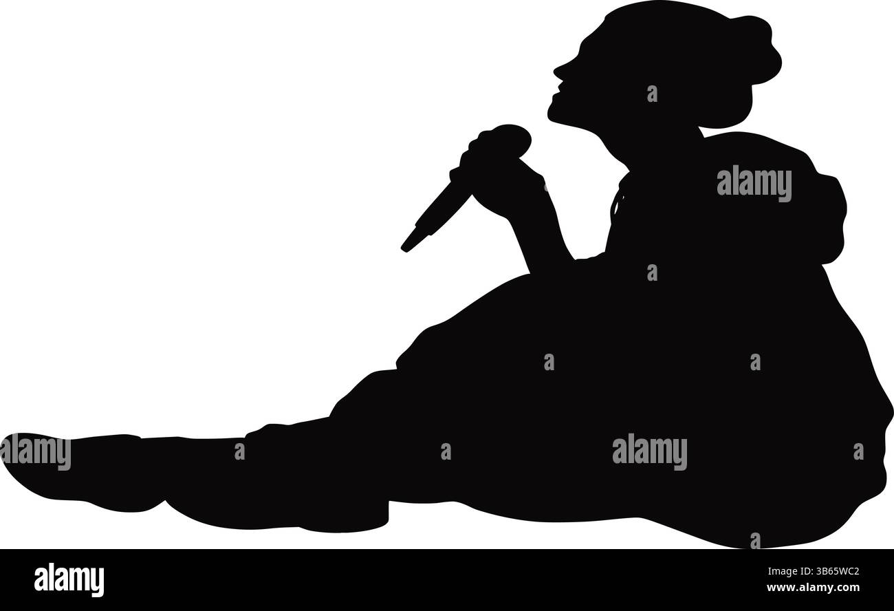 Silhouette di una donna seduta a terra che regge il microfono Illustrazione Vettoriale