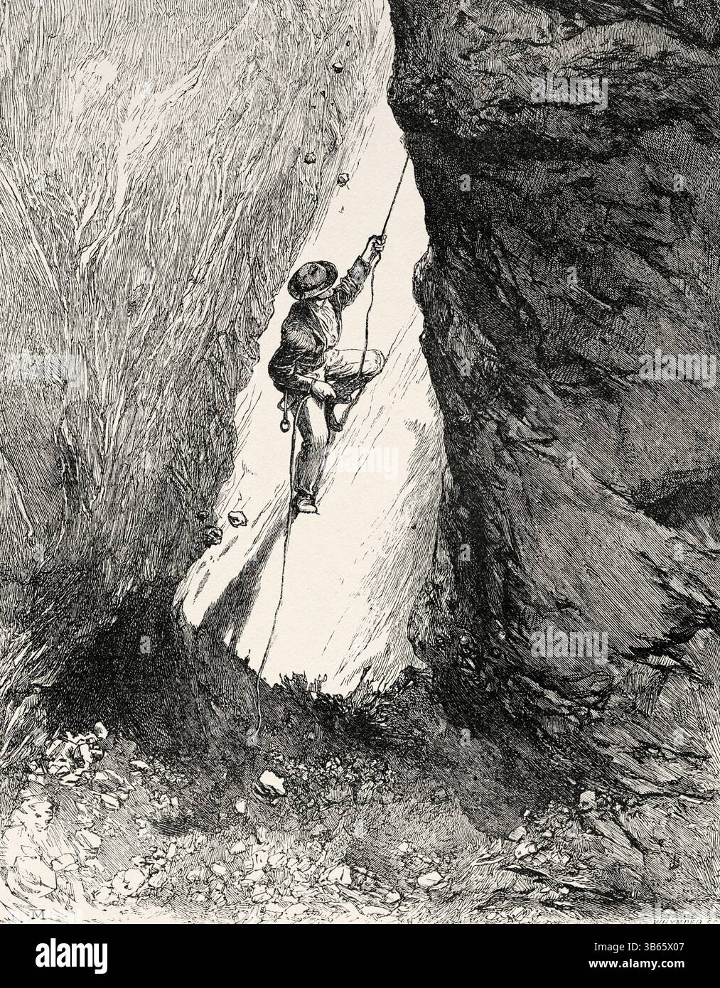 Il Matterhorn Chimney, Svizzera. Disegno di Emile Metzmacher (1815 - 1890) Scrambles Among the Alps 1860-1869 di Edward Whymper (1840 - 1911) le Tour du Monde 1872 Foto Stock