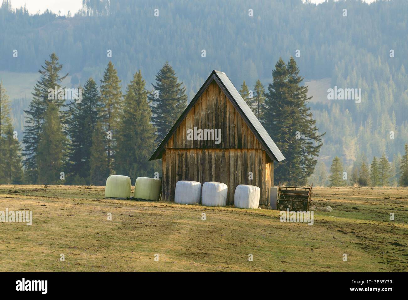 Una tranquilla scena rurale con un fienile di legno, balle di fieno, colline lontane e luce soffusa su un campo aperto. Atmosfera di campagna Foto Stock