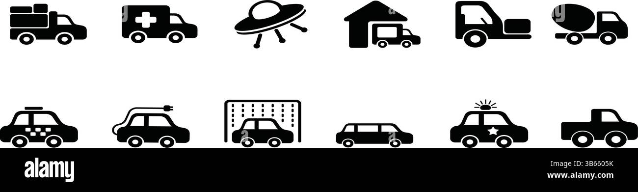 Set completo di icone di trasporto - sagome di veicoli terrestri con UFO e auto di emergenza Illustrazione Vettoriale