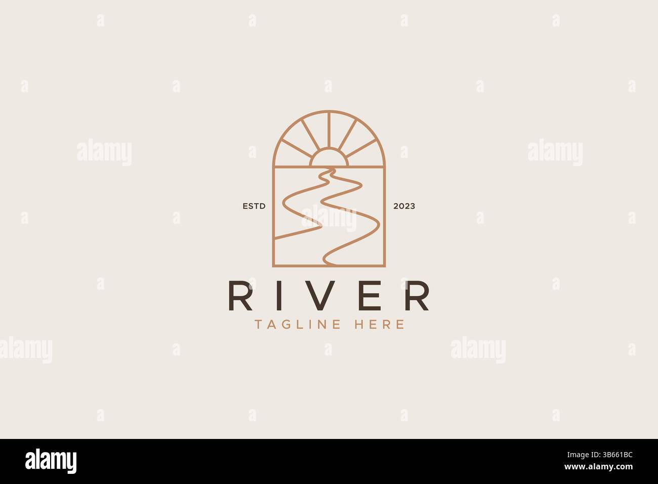 Logo Abstract River e Sunset Boho Style Linear Vintage Sign Symbol Illustrazione Vettoriale