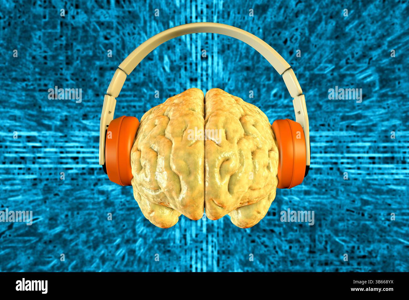 Illustrazione di un cervello umano che indossa le cuffie, simboleggia la musica, la percezione del suono, la stimolazione cognitiva, la creatività, e attività neurale. Foto Stock