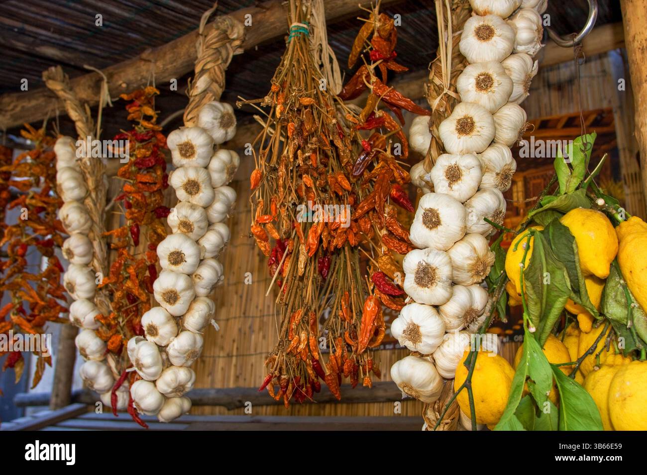 Aglio e peperoncino in un negozio nel sud Italia Foto Stock