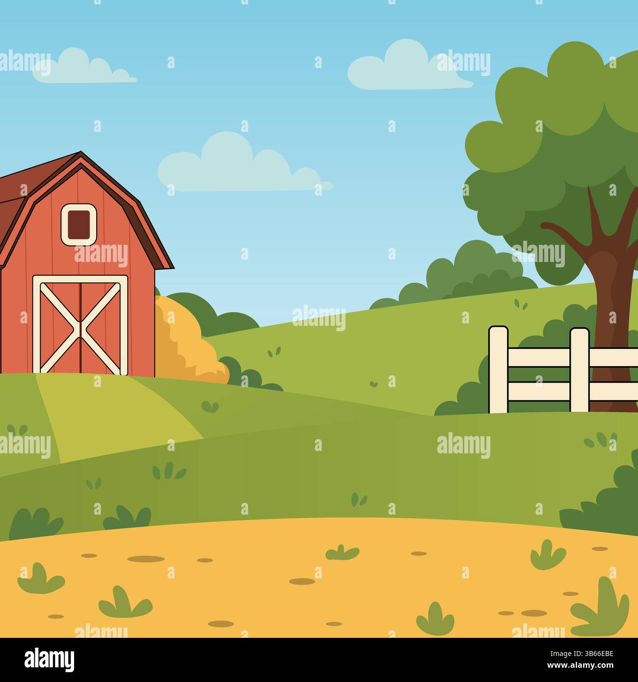 Grazioso Cartoon Sunny Farm con fienile, recinzione, albero e cielo blu. Illustrazione vettoriale di un paesaggio rurale. Illustrazione Vettoriale