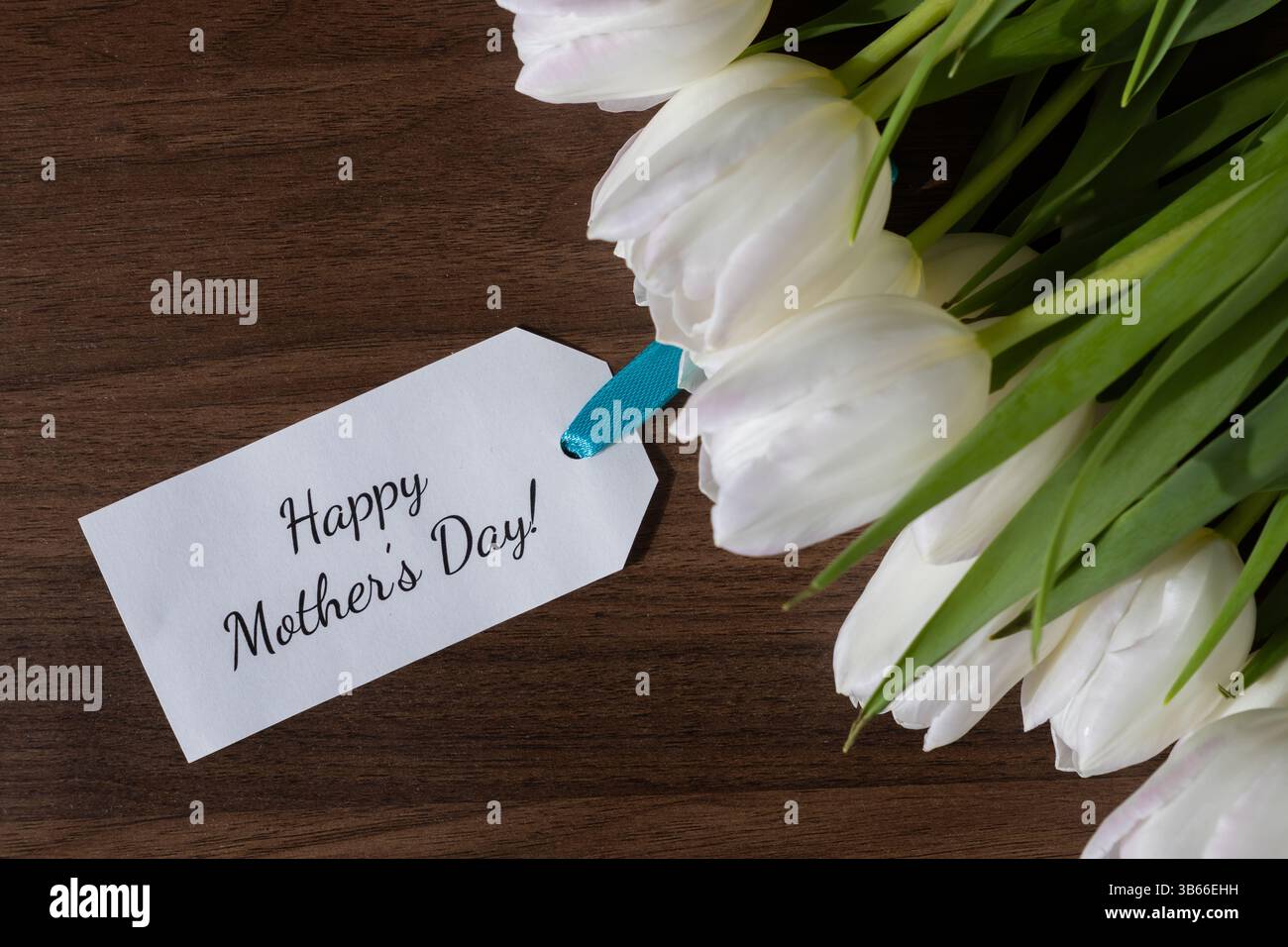 Eleganti tulipani bianchi disposti accanto a un'etichetta che mostra il testo della festa della mamma su una superficie in legno scuro che celebra l'amore materno e la famiglia Foto Stock