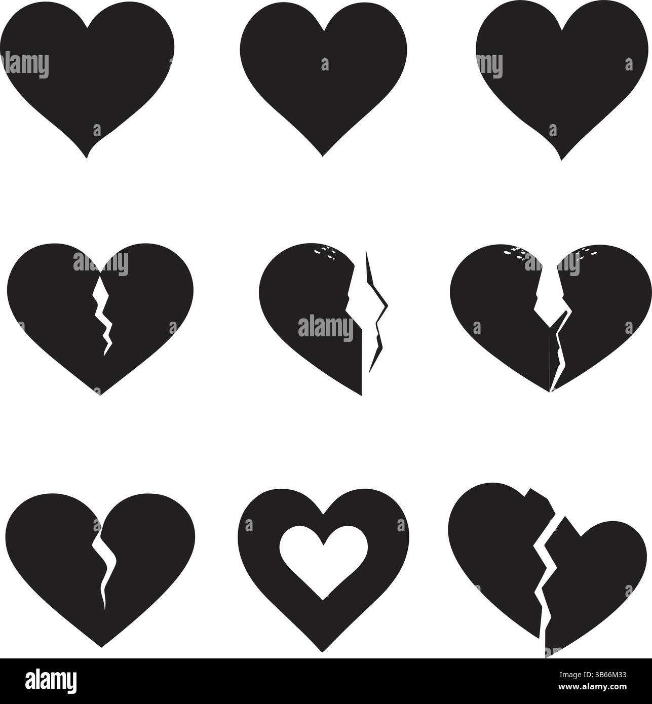 Silhouette a cuore nero: Design Vector minimalisti che rappresentano i concetti di amore, emozione e cuore spezzato in stile monocromatico Illustrazione Vettoriale