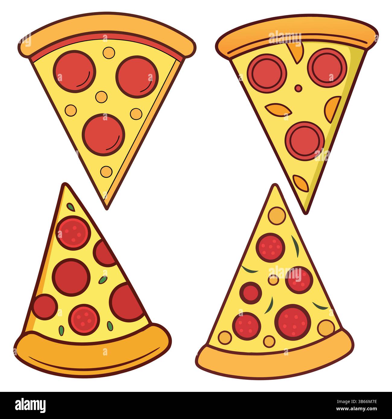 Quattro illustrazioni colorate Cartoon Pizza Slice Illustrazione Vettoriale
