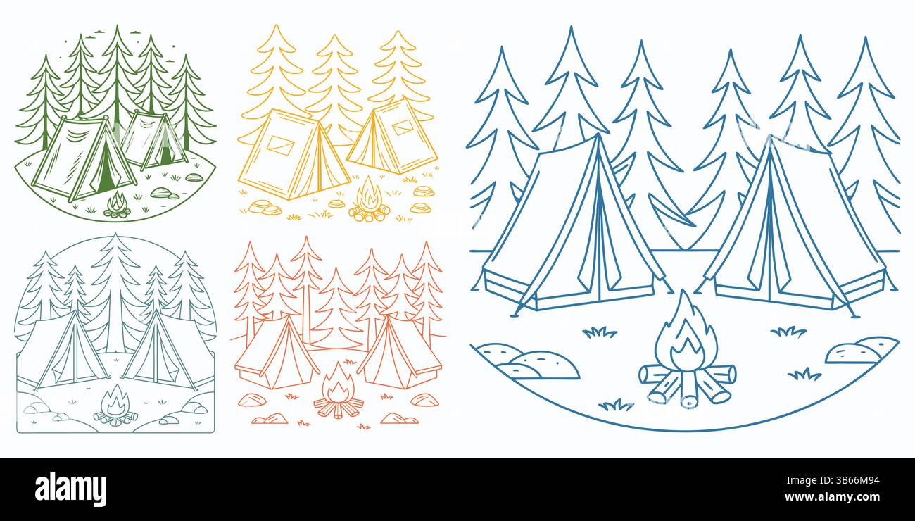 Quattro campeggi nella foresta, delineati in colori diversi. Illustrazione Vettoriale