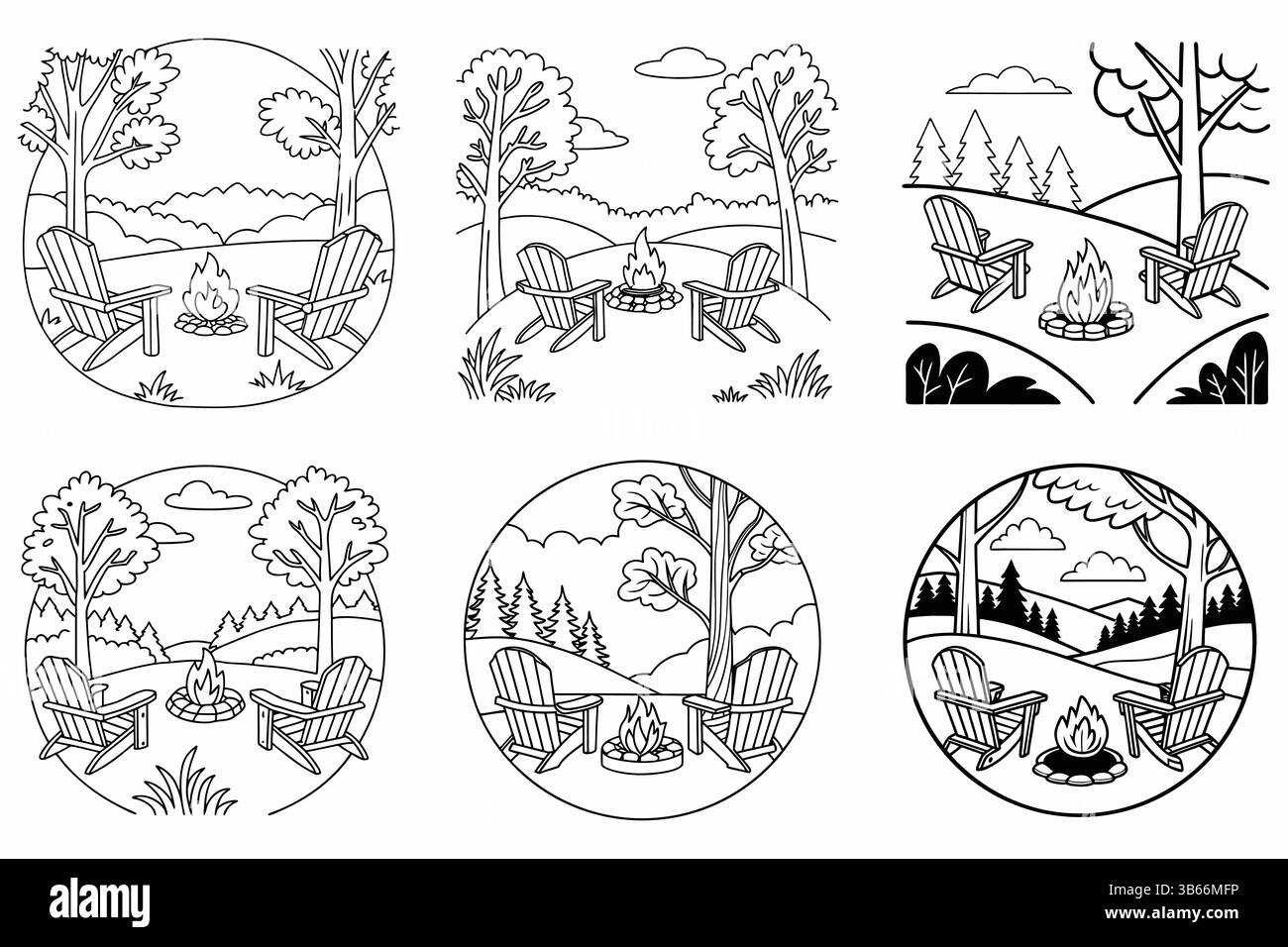 Rilassante scenario da campeggio sulle sedie Adirondack, perfetto per colorare libri o stampe Illustrazione Vettoriale