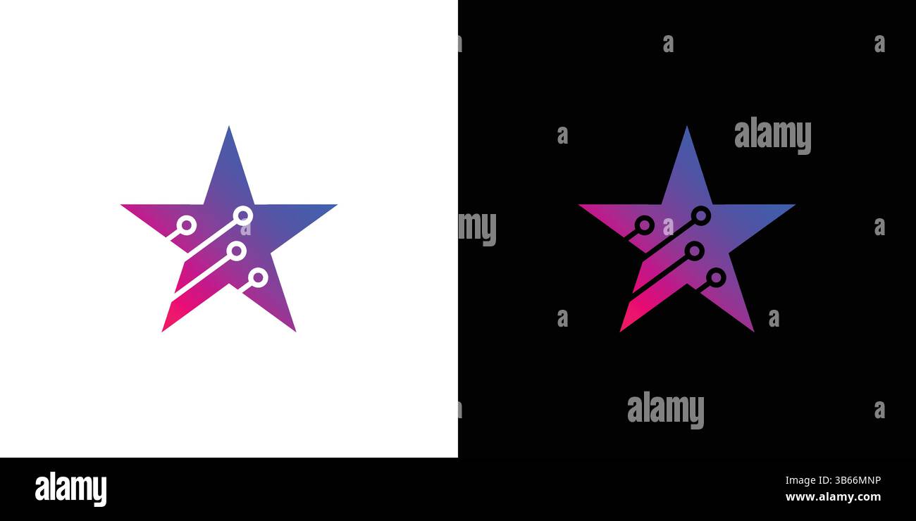 Un moderno logo a stella con una combinazione di colori sfumati e un design del circuito, visualizzato su sfondi a contrasto. Ideale per tecnologia, innovazione e d Illustrazione Vettoriale