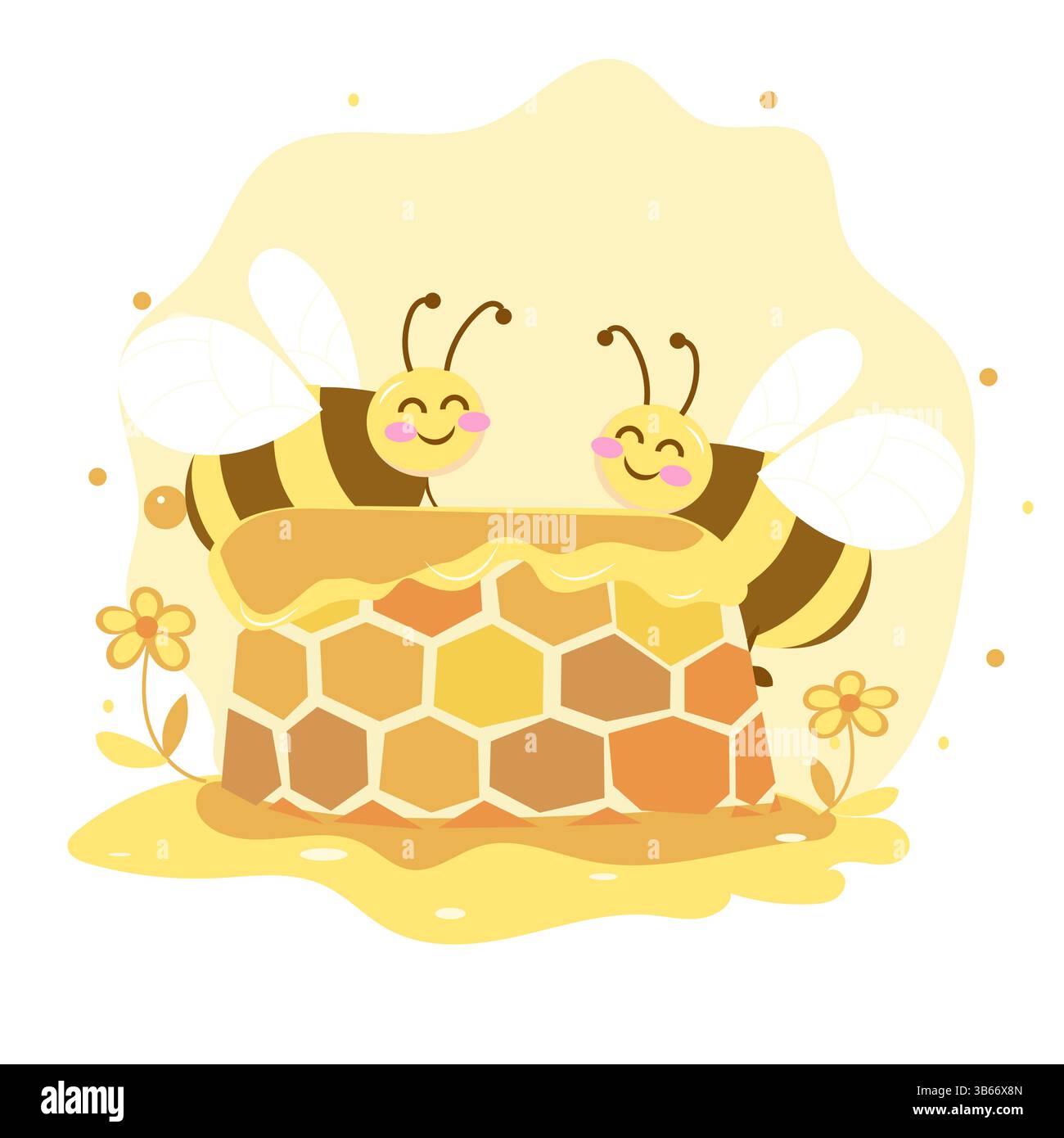 Api e favi colorano la graziosa famiglia di api che produce miele in un piano vettoriale dell'alveare cartoni animati Illustrazione Vettoriale