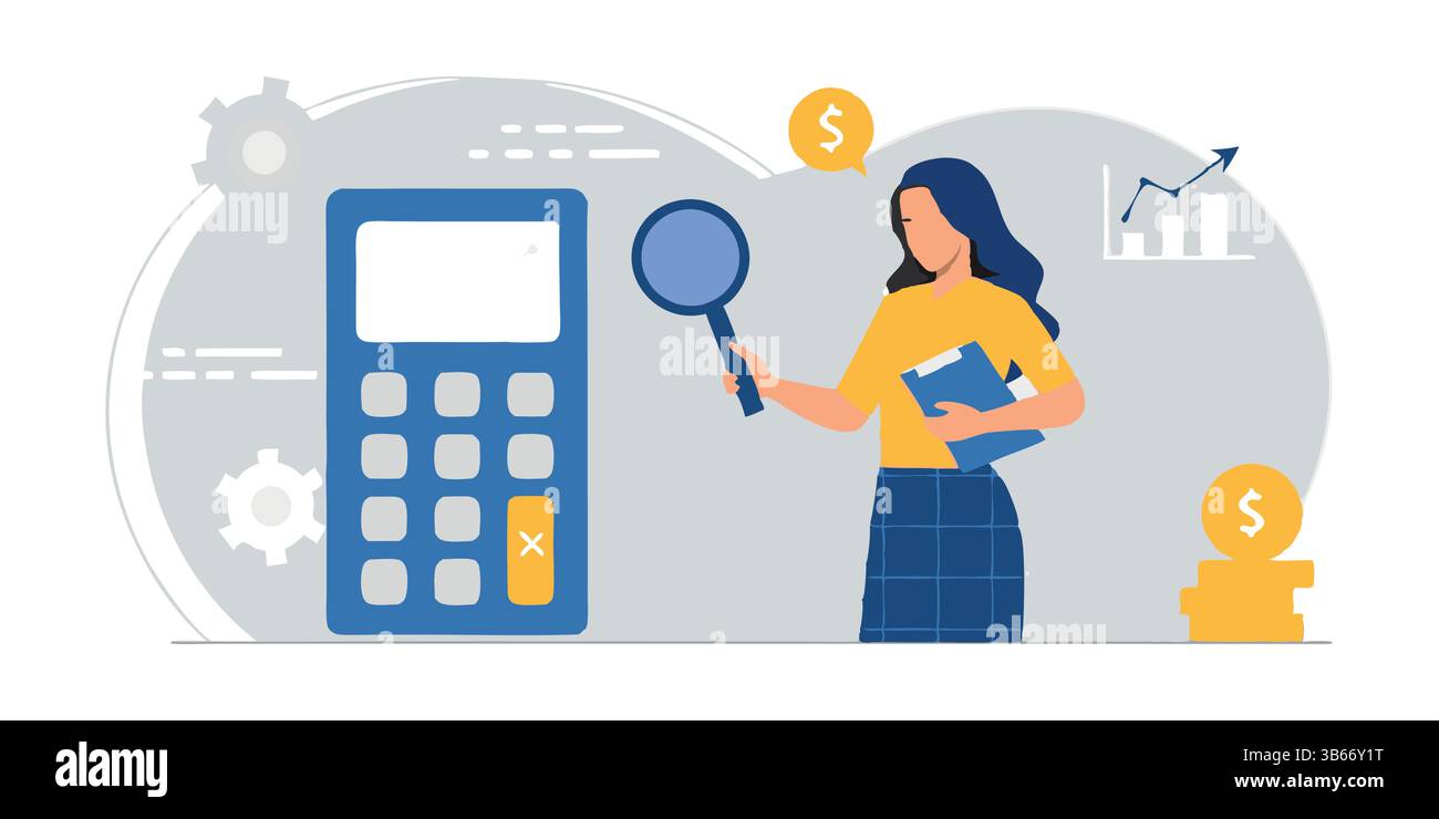 "Illustrazione piatta del contabile con calcolatore blu per le attività finanziarie" Illustrazione Vettoriale