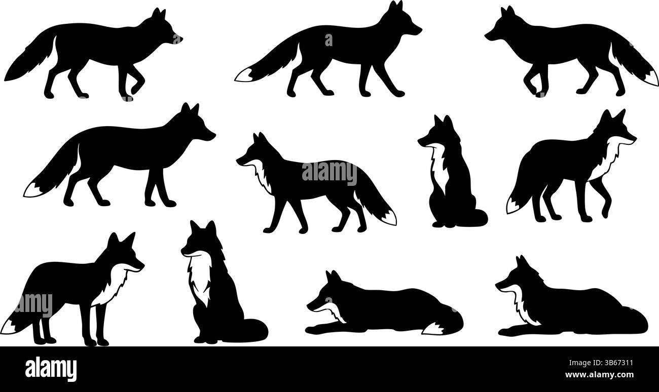 Fox silhouette Vector Set: Nero e design modificabili Illustrazione Vettoriale