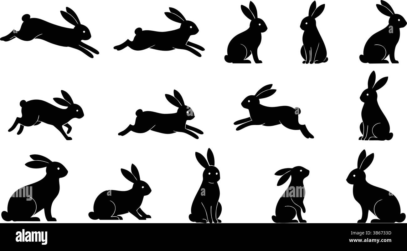 Silhouette di coniglio Set vettoriale, coniglietti neri in varie pose Illustrazione Vettoriale