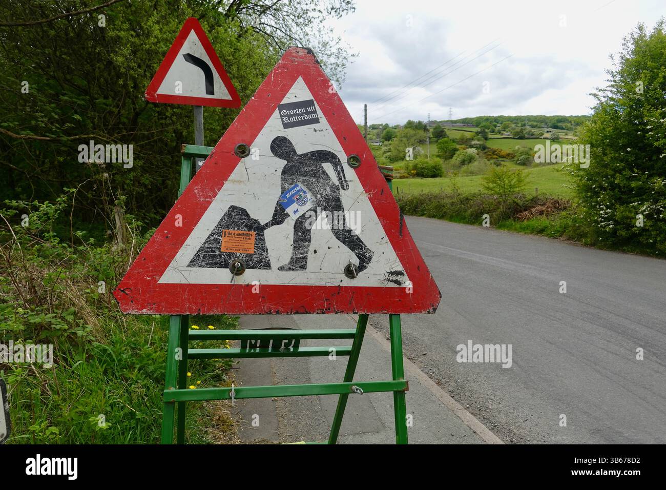 Cartello dei lavori stradali a New Mills, Derbyshire Foto Stock