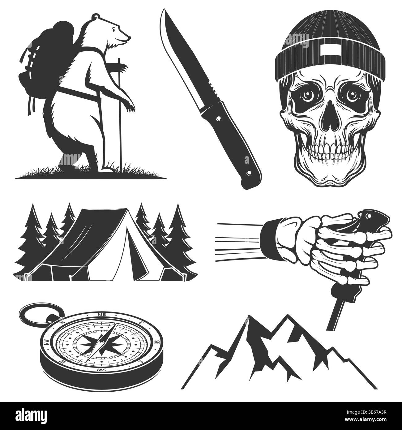 Set di elementi da campeggio ed escursionismo. Vettore. Orso escursionista con zaino, montagna, teschio, mano dello scheletro che regge il palo da trekking, bussola, tenda da campeggio con Illustrazione Vettoriale