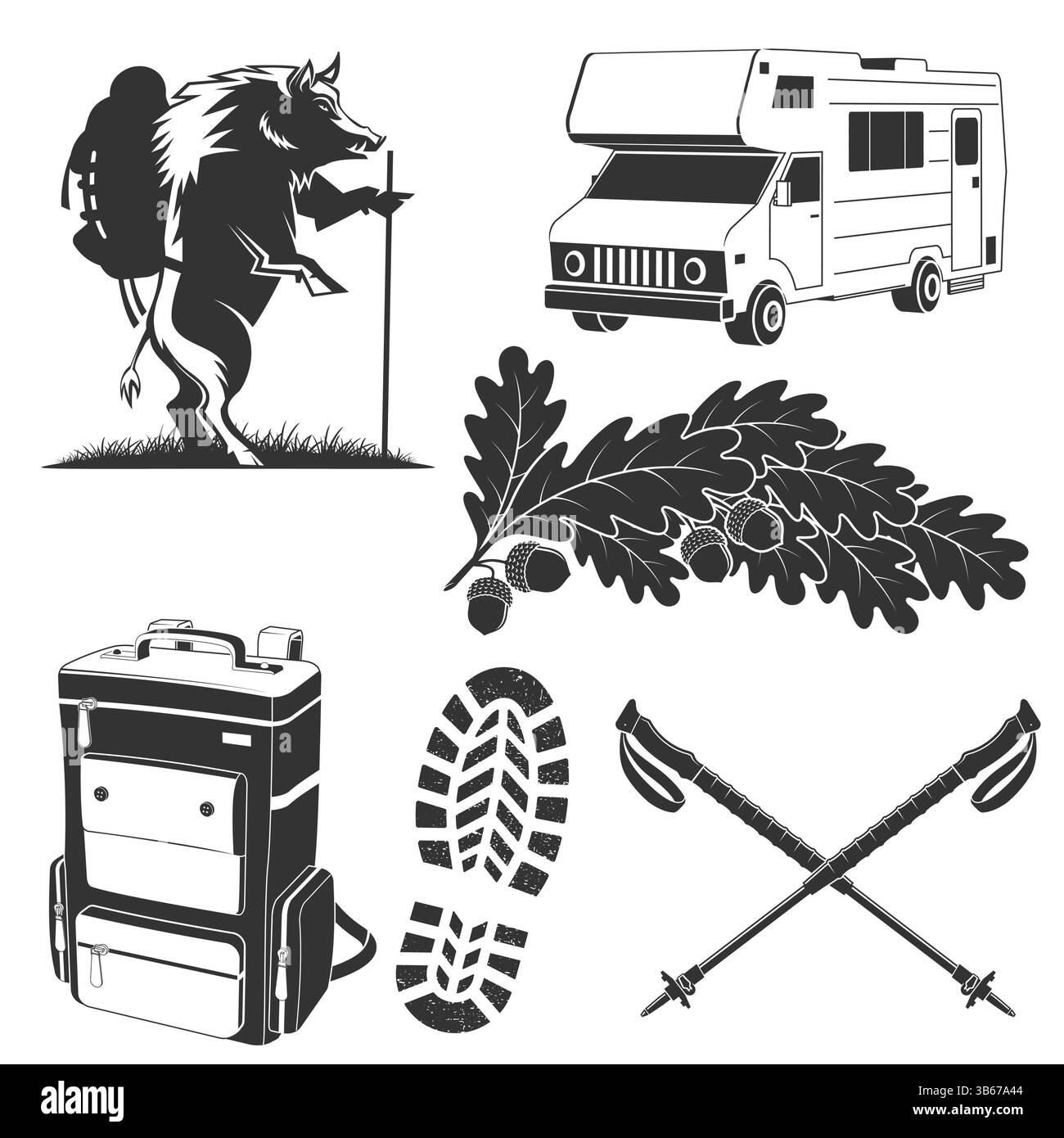 Set di elementi da campeggio ed escursionismo. Vettore. Cinghiale per escursionisti con zaino, zaino, camper, bastoncini da trekking, stampa scarponi da trekking, impronta, foglia di quercia Illustrazione Vettoriale