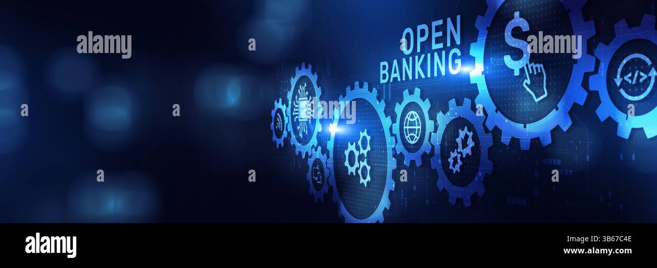 Open Banking che consente transazioni finanziarie sicure e condivisione dei dati su un ampio concetto di banner, business e tecnologia. Foto Stock