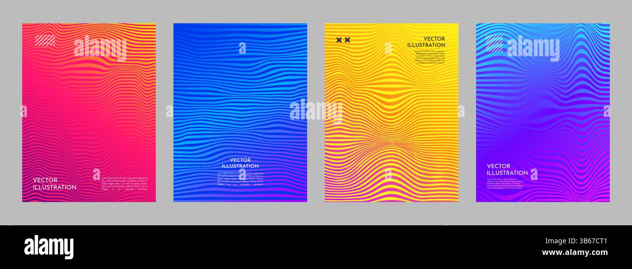 Illustrazione vettoriale. Serie vibrante di motivi ondulati con sfumature di colore dinamiche. Design minimalista per poster, copertina di libri, riviste, report, volantini Illustrazione Vettoriale