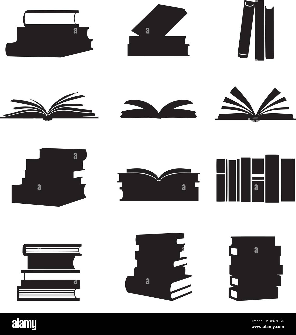Book silhouette Collection – icone vettoriali minimaliste in bianco e nero di forme di libri impilate, aperte e chiuse Illustrazione Vettoriale