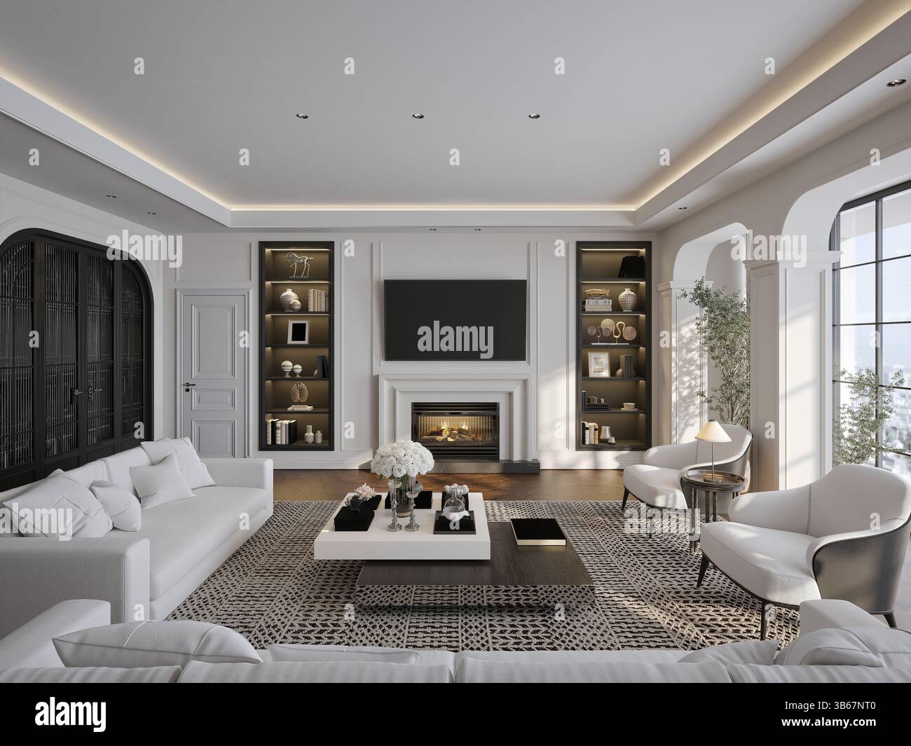 rendering in 3d di un moderno salotto di casa Foto Stock