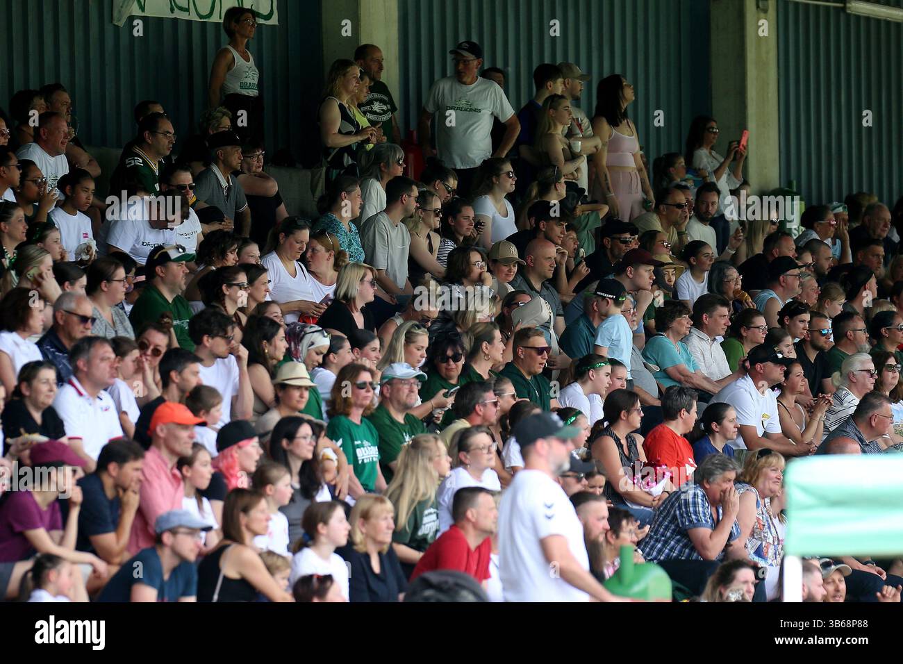 Vienna, Austria. 3 maggio 2025. VIENNA, AUSTRIA - 3 MAGGIO: Tifosi di calcio durante il campionato AFL tra Danube Dragons e Swarco Raiders Tirol a Donaufeld Place il 3 maggio 2025 a Vienna, Austria.250503 SEPA 29 071 - 20250503 PD9104 credito: APA-PictureDesk/Alamy Live News Foto Stock