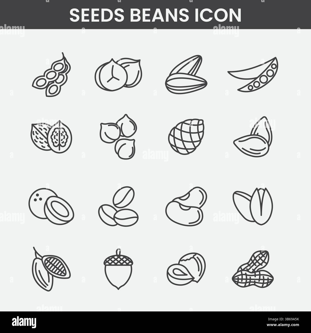 Icone minimaliste in bianco e nero di semi, fagioli, noci e grani, illustrazioni di linee semplici per il design alimentare e botanico Illustrazione Vettoriale