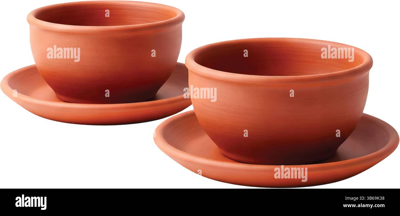Due pentole di terracotta si trovano su piattini abbinati. Le pentole sono un tono caldo e terroso su sfondo bianco Illustrazione Vettoriale