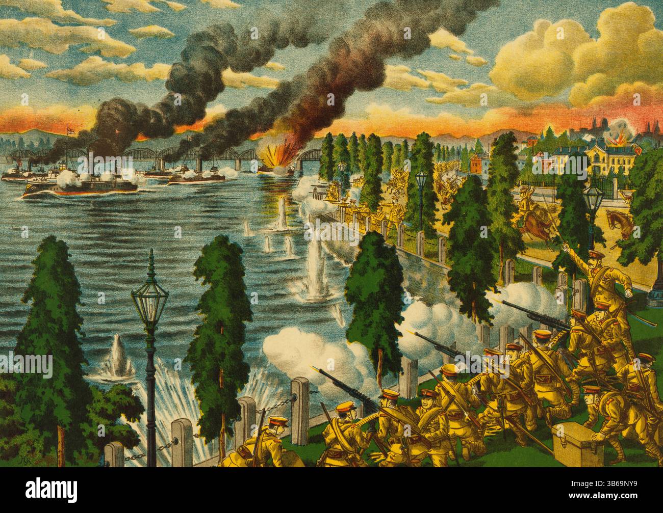 La cavalleria giapponese combatte le navi da guerra russe durante la guerra siberiana. Foto Stock