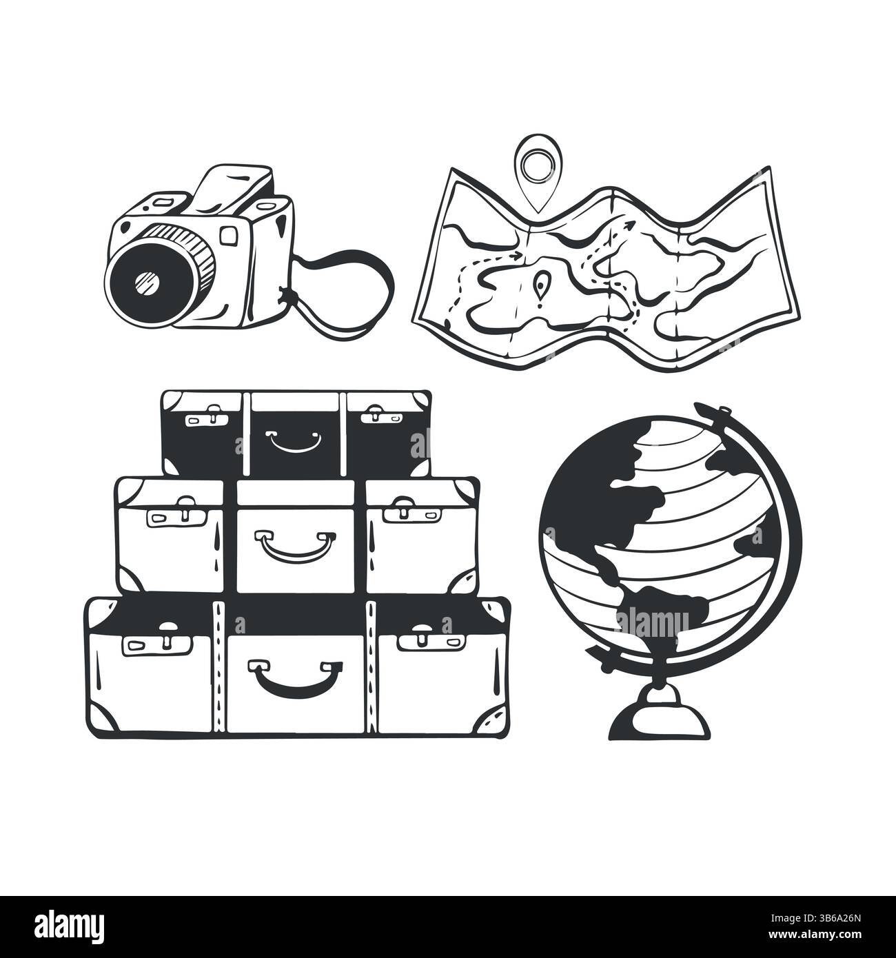 Icona da viaggio disegnata a mano in nero. Delineare i simboli della clipart della linea turistica di viaggio. Valigie, globo, mappa, macchina fotografica. Illustrazione vettoriale Illustrazione Vettoriale