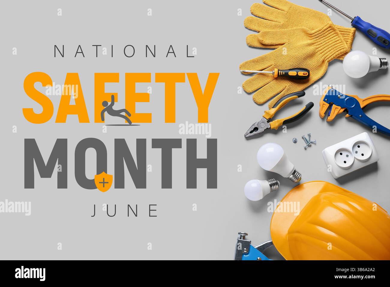 HardHat e strumenti su sfondo chiaro. Poster per il mese della sicurezza nazionale Foto Stock