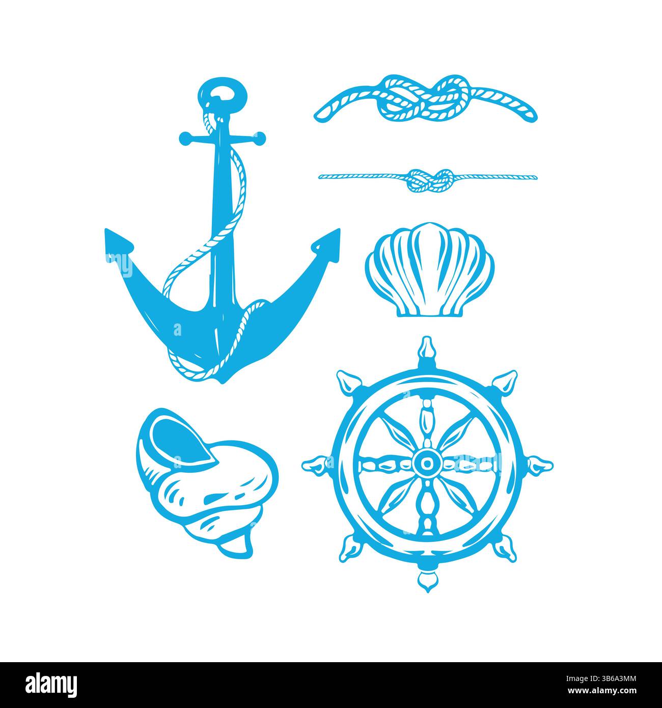La serie nautica di illustrazioni vettoriali sul tema dei viaggi in mare di colore blu. Include ancoraggio, timone, nodi di mare e conchiglie Illustrazione Vettoriale