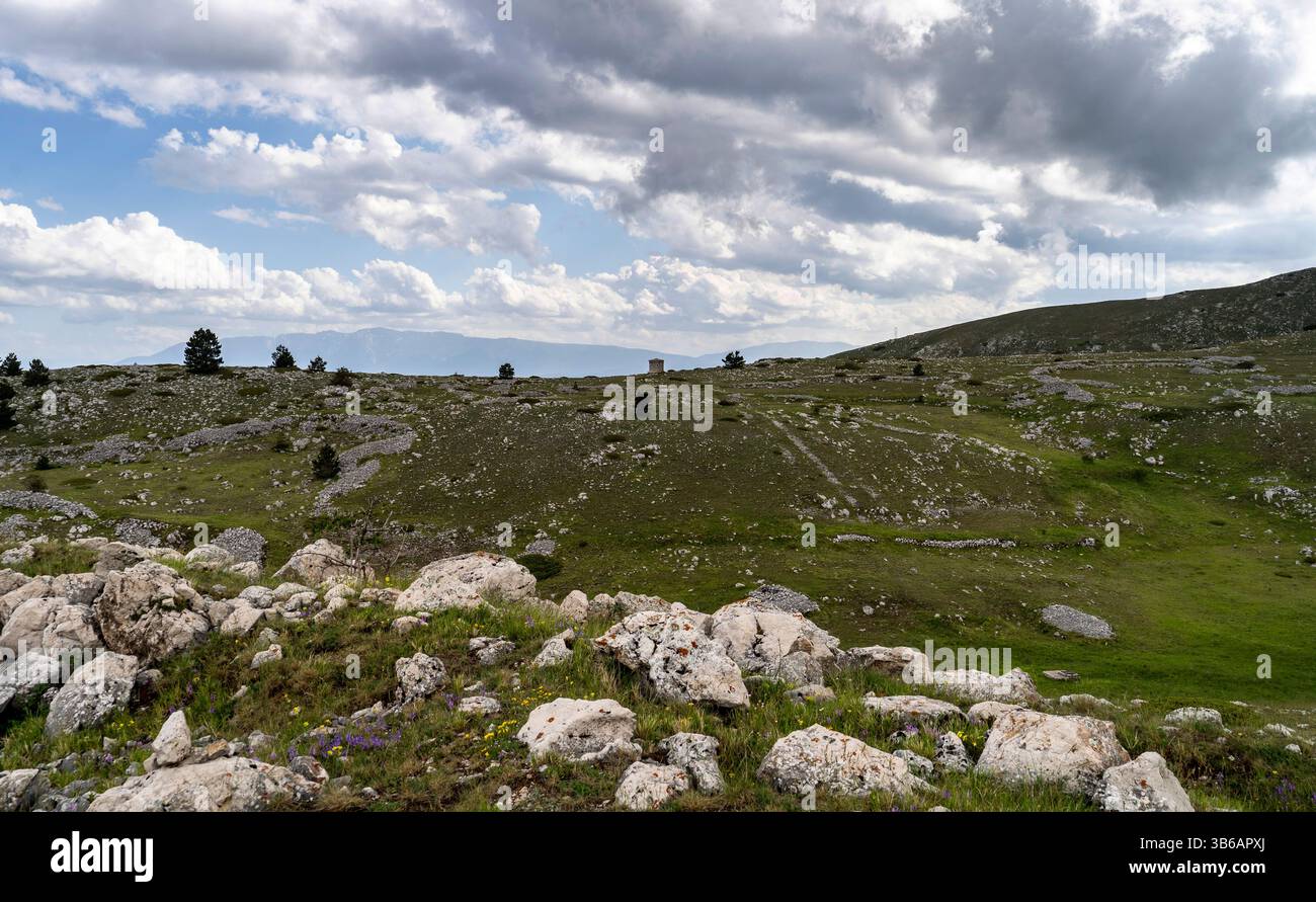 Un paesaggio panoramico caratterizzato da colline ondulate, terreno roccioso e un cielo nuvoloso. Il primo piano è punteggiato da grandi pietre e macchie di erba verde, wh Foto Stock Un paesaggio panoramico caratterizzato da colline ondulate, terreno roccioso e un cielo nuvoloso. Il primo piano è punteggiato da grandi pietre e macchie di erba verde, wh Foto Stock