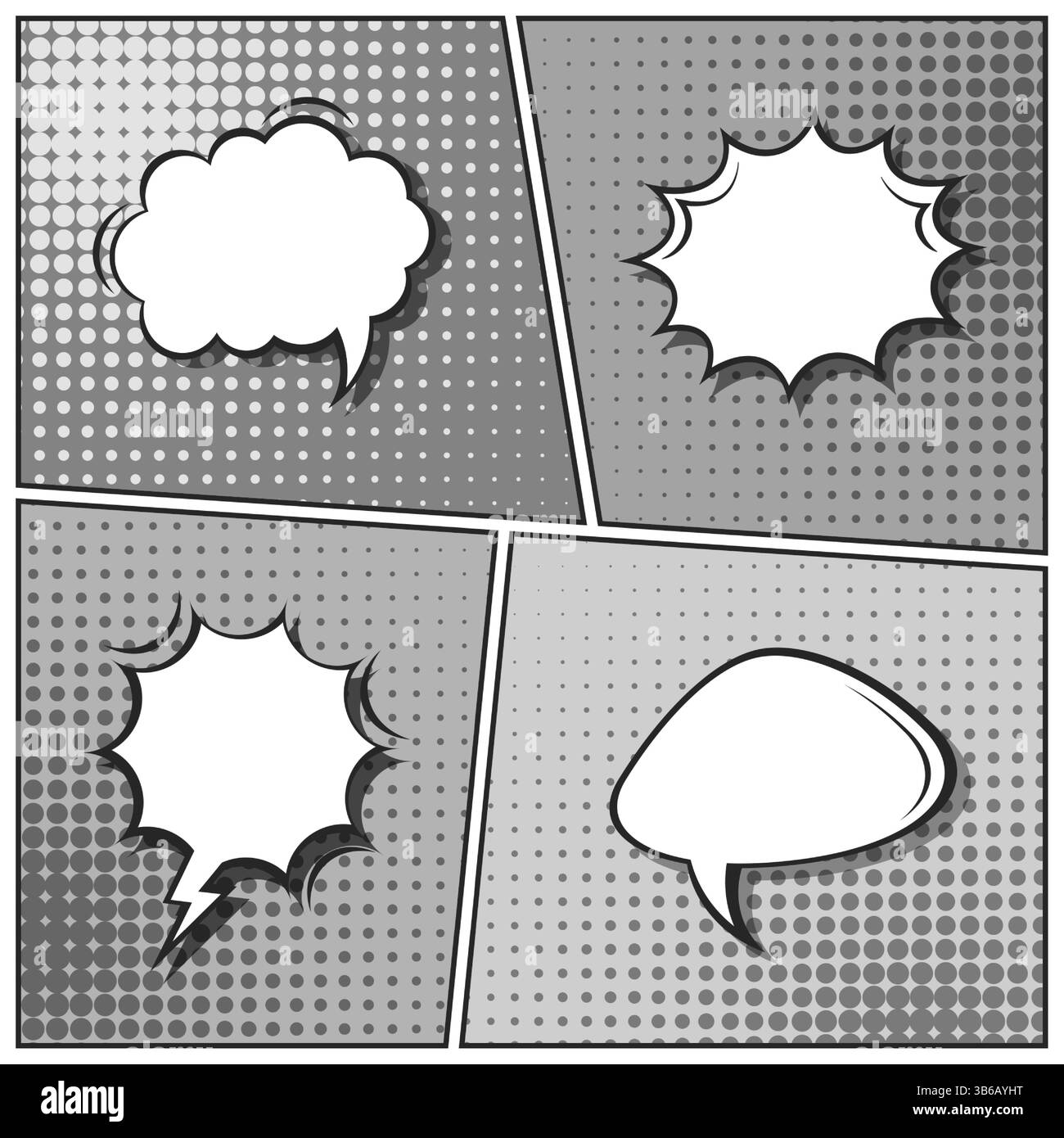 Sfondo fumettistico dei cartoni animati. Bolla del discorso. Poster in bianco e nero del libro di fumetti con elementi mezzitoni. Stile Pop Art retrò. Illustrazione vettoriale Illustrazione Vettoriale