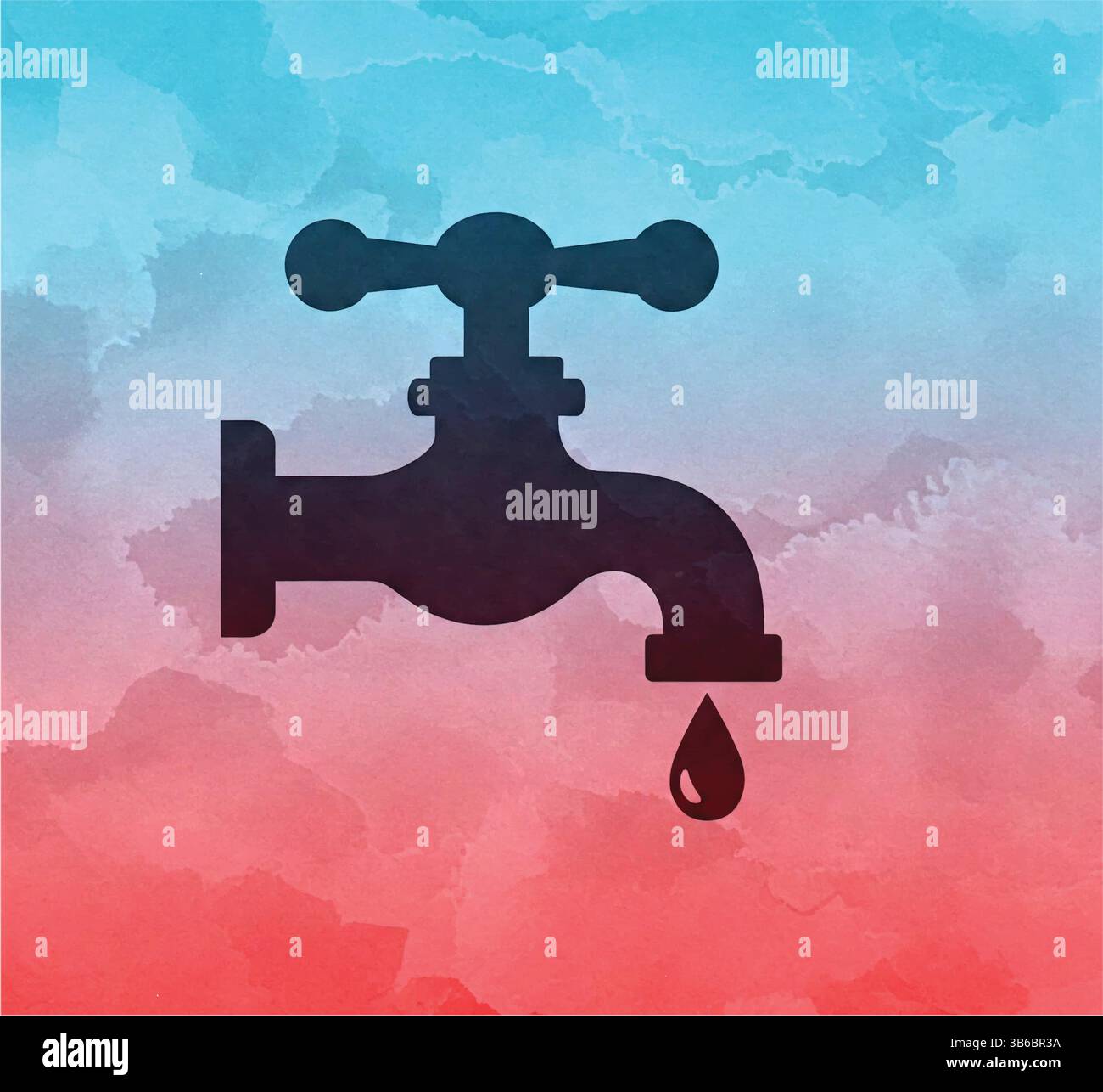 Un rubinetto nero con una goccia d'acqua. Uno sfondo ad acquerello rosso e blu crea un effetto artistico morbido Illustrazione Vettoriale Un rubinetto nero con una goccia d'acqua. Uno sfondo ad acquerello rosso e blu crea un effetto artistico morbido Illustrazione Vettoriale