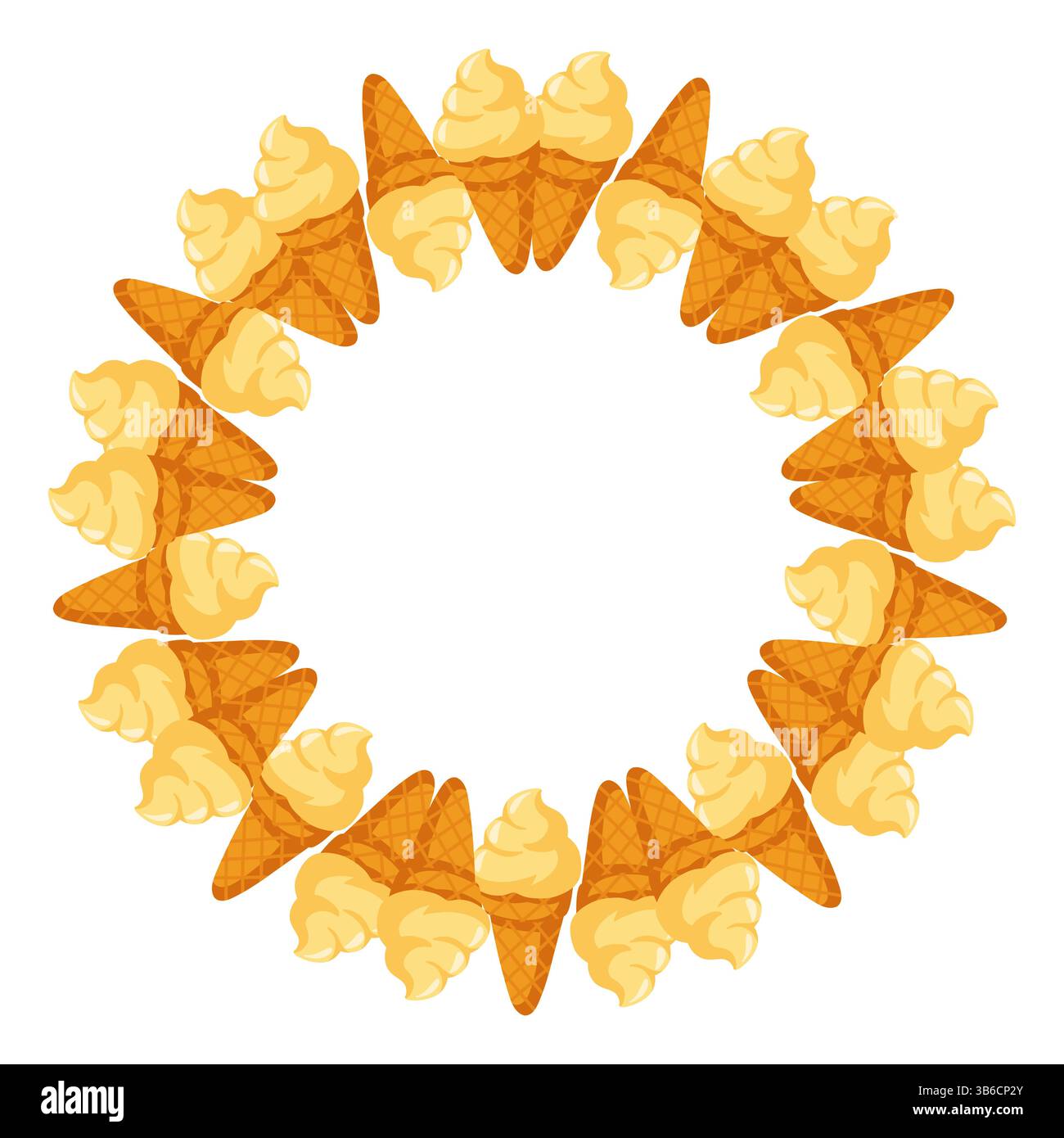 Gelato cartoni animati con cornice rotonda con coni per waffle alla vaniglia. Illustrazione vettoriale isolata su sfondo bianco Illustrazione Vettoriale