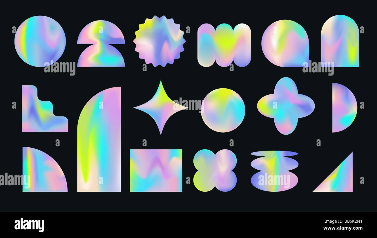 Forme astratte retrò futuristiche e iridescenti con sfumature olografiche su sfondo nero. Illustrazione Vettoriale