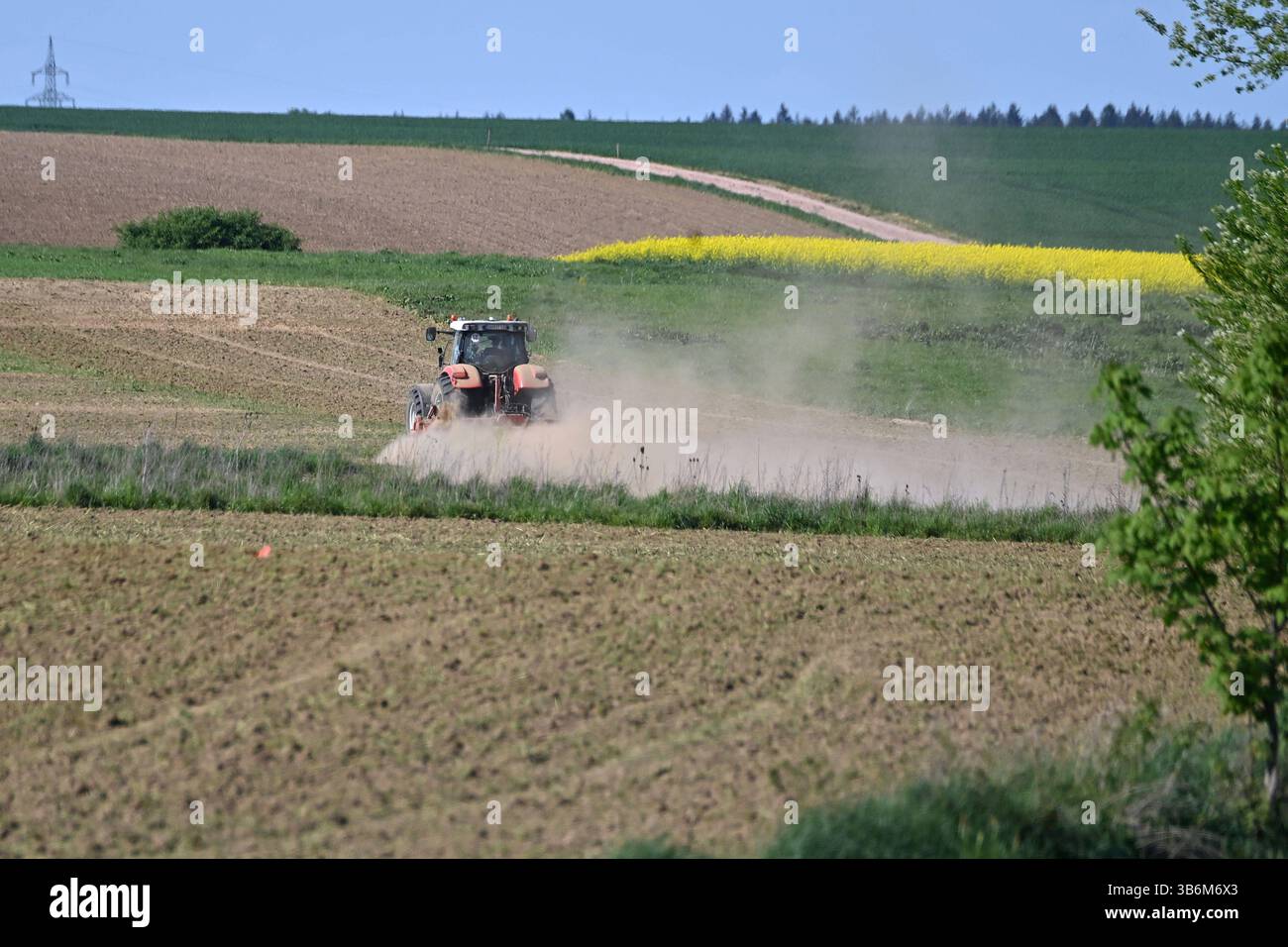 Themenbild Duerre: Anhaltende Trockenheit- Gefahr einer neuen Duerre waechst. Ein Traktor mit Egge, Pflug zerkleinert auf einem Acker bei anhaltender Trockenheit Erdschollen-es staubt, Staub. *** Quadro tematico siccità persistente pericolo di una nuova siccità sta crescendo Un trattore con erpice,aratro frantuma mantelli di terra in un campo in siccità persistente polveri,polvere Foto Stock