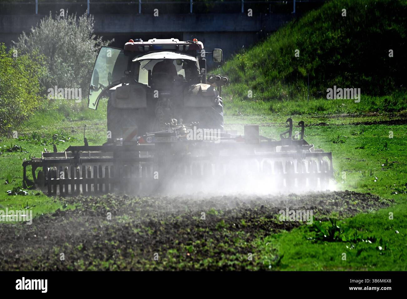 Themenbild Duerre: Anhaltende Trockenheit- Gefahr einer neuen Duerre waechst. Ein Traktor mit Egge, Pflug zerkleinert auf einem Acker bei anhaltender Trockenheit Erdschollen-es staubt, Staub. *** Quadro tematico siccità persistente pericolo di una nuova siccità sta crescendo Un trattore con erpice,aratro frantuma mantelli di terra in un campo in siccità persistente polveri,polvere Foto Stock