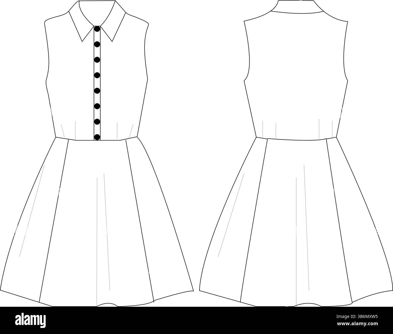Abito a pieghe senza maniche | illustrazione tecnica di moda | modello di abbigliamento piatto CAD | Vista frontale e posteriore Illustrazione Vettoriale