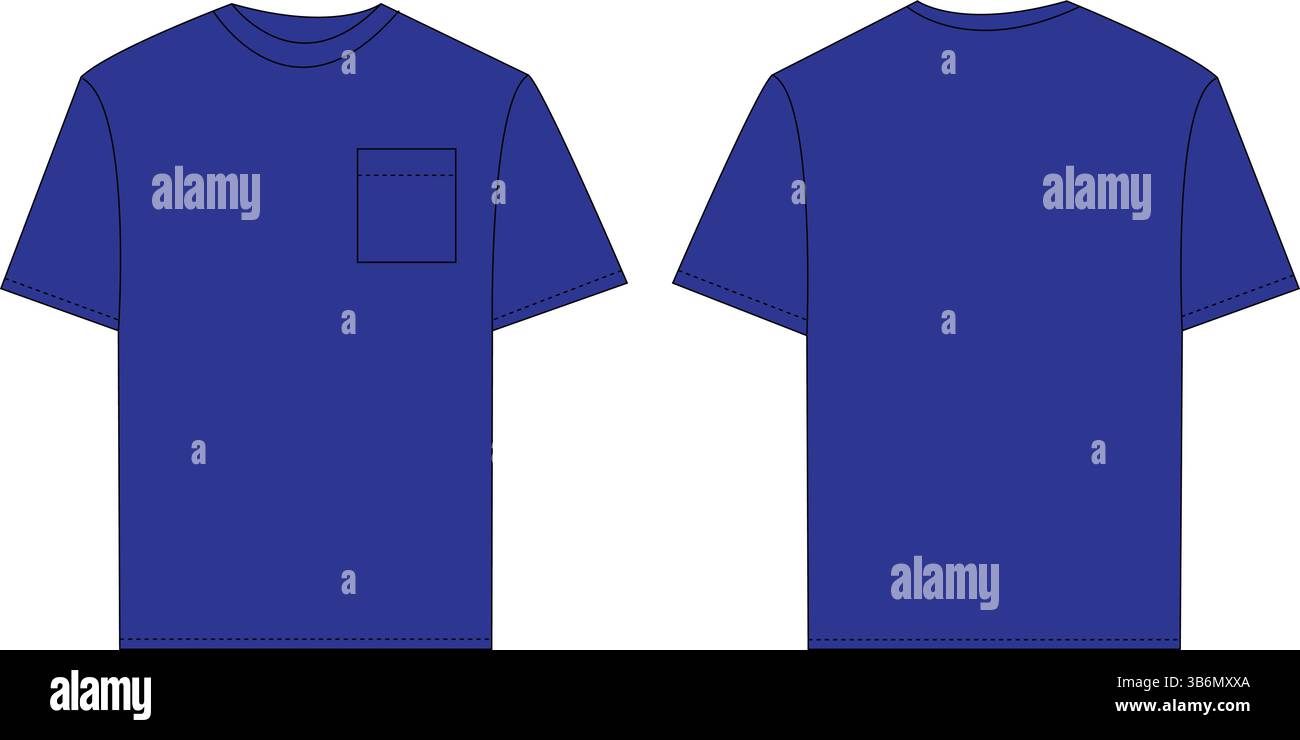 T-shirt blu semplice con tasca sul petto | illustrazione tecnica di moda | modello di abbigliamento piatto CAD | Vista frontale e posteriore Illustrazione Vettoriale