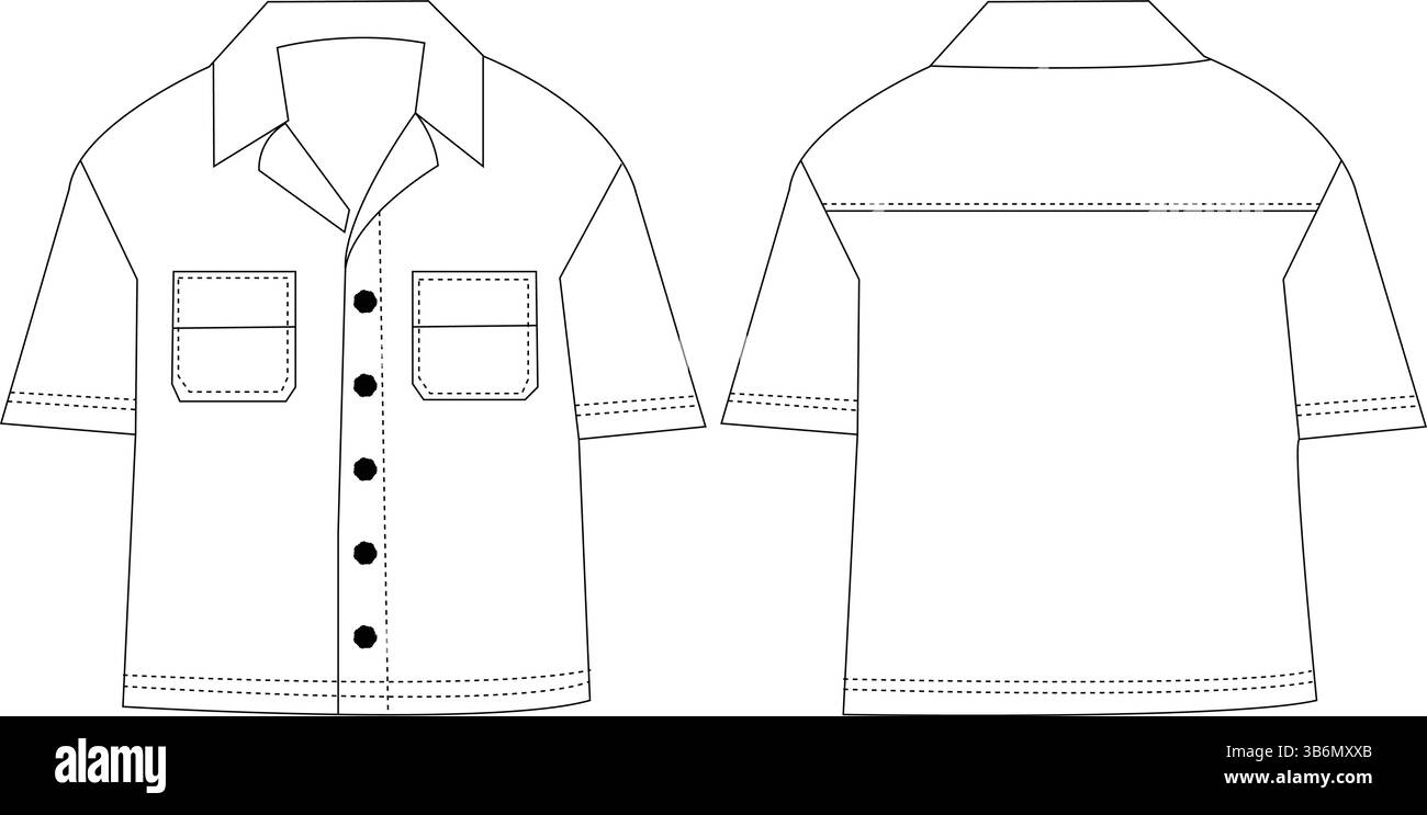 Camicia pratica a manica corta | illustrazione tecnica di moda | modello di abbigliamento piatto CAD | Vista frontale e posteriore Illustrazione Vettoriale