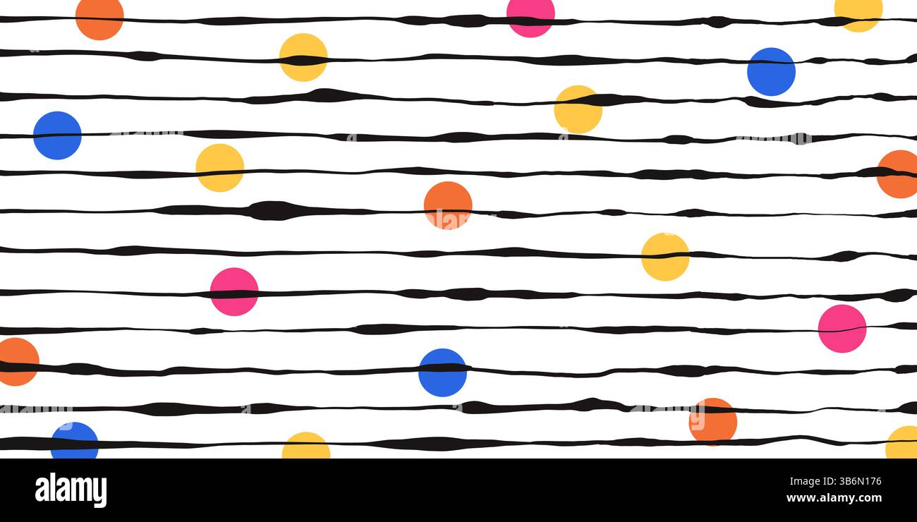 Sfondo disegnato a mano con linee e punti colorati. Sfondo divertente astratto. Motivo bianco minimalista. Design a pois in stile doodle. Bambini e. Illustrazione Vettoriale