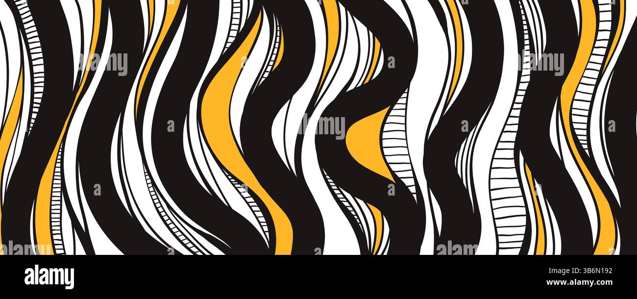 Linee astratte in bianco e nero. Modello ondulato. Audace texture monocromatica con dettagli gialli. Moderno design a flusso di liquidi. Sfondo psichedelico. Illustrazione Vettoriale