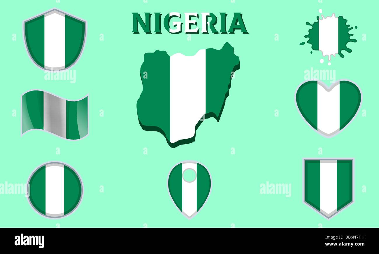 Collezione di bandiere e stemmi della Nigeria in stile piatto con mappa e testo Illustrazione Vettoriale