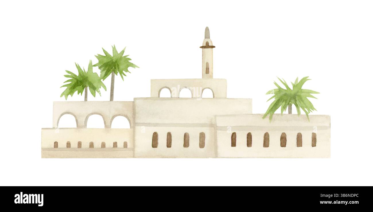 Antiche case in pietra mediterranee con palme e archi illustrazione ad acquerello isolata sul bianco. Scena orientale con quartiere beige della città in arabo Foto Stock